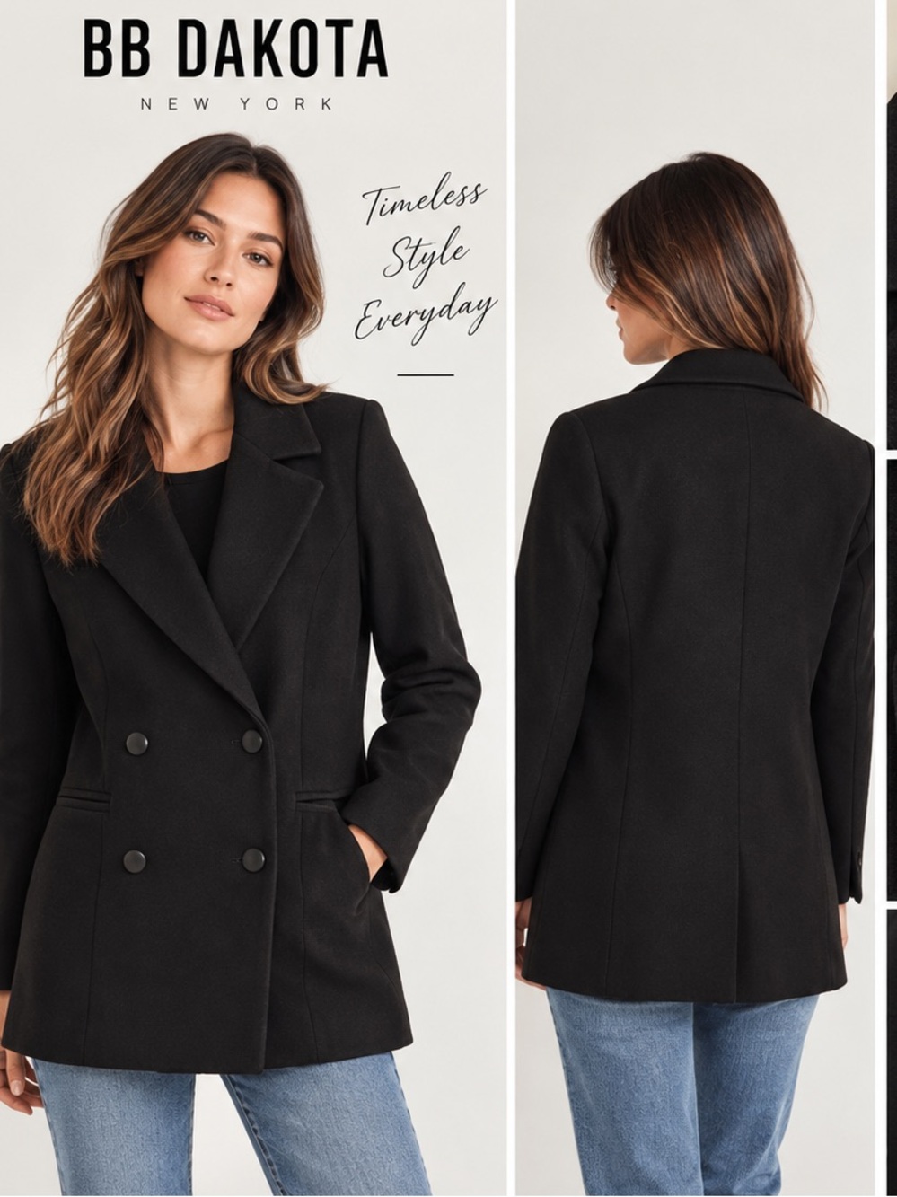 BB Dakota Black Double-Breasted Pea Coat